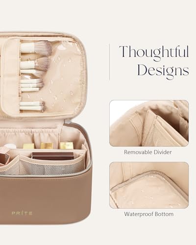 Prite Makeup Bag, Large Capacity Cosmetic Bag for Women and Girls, Waterproof PU Leather Travel Makeup Case, Toiletry Organizer with Handle and Divider for Skincare and Brushes - Brown - color: Brown
