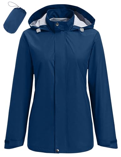 Hount Womens Waterproof Raincoat Lightweight Packable Striped Lined Rain Jacket Casual Travel Outdoor Hooded Jakctes - color: Dark Blue, size: Small