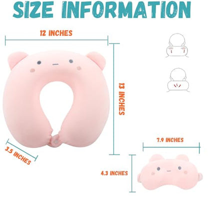 Kids Neck Pillow for Travel with Sleep Eye Mask, Cute Travel Neck Pillow, Memory Foam Flight Sleeping Headrest Pillow for Boys & Girls, Airplane, Train, Car, Home Use - Peach Bear - color: Peach Bear