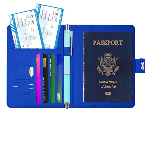 Passport Holder, Travel Wallet Cover with Pen Loop | Cute RFID Blocking Leather Case with Magnetic Closure for Travel Essentials-Blue - color: T-Blue