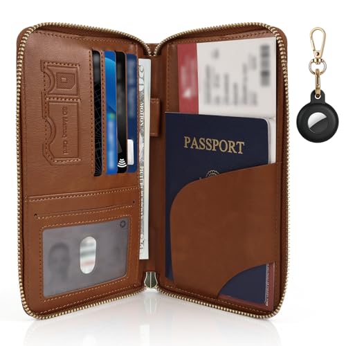 RFID Blocking Passport Wallet, Anti Theft PU Leather Passport Pouch with Tracker Case, Travel Document Organizer Zipper Wallet with Wrist Strap, Gifts for Women and Men (Brown) - color: Leather-Brown