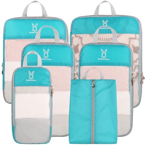 See Through Expandable Compression Packing Cubes, Mesh Travel Packing Cubes for Suitcases, Lightweight Organizers Bag Set for Travel Essentials for Luggage - color: Teal, size: 8 Set(L+M+S*2+XS+Shoe Bag+laundry Bag+zipper Bag)