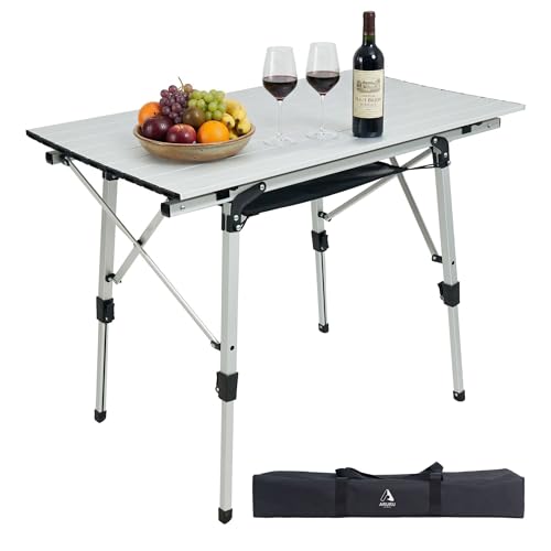 Portable Camping Table with Adjustable Hight Legs, Lightweight Aluminum Folding Beach Table with Mesh Net,Carrying Bag for Outdoor Cooking, Picnic, Beach, Backyards, BBQ and Party - color: Sliver Grey-90cm