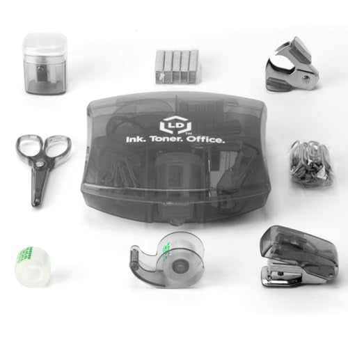 LD Products Black Mini Office Supply Kit Portable Case with Scissors, Paper Clips, Tape Dispenser Set, Pencil Sharpener, Mini Stapler with Staples and Staple Remover - color: Black