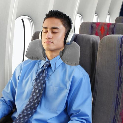 PRETYZOOM Inflatable Neck Travel Pillow Set with Blackout Eye Mask, U-Shaped Airplane Neck Pillow for Comfortable Sleep During Flights and Travel, Lightweight Gray Portable 3pcs Kit