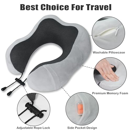 Travel Pillow, Memory Foam Neck Pillow for Traveling, U Shape Neck Pillow Airplane Portable Flight Pillow Travel Kit with 5D Contoured Eye Masks and Earplug for Plane Train Car Home Office - color: Grey
