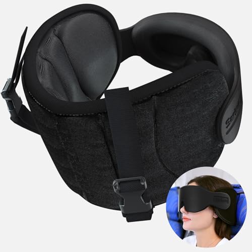 SARISUN Travel Pillows for Airplanes, 360° Stable Support Airplane Pillow with 3D Eye Mask, Headrest Pillow for Long Flight Road Trip Sleep, Stop Bobblehead Travel Essential, Black - color: Black