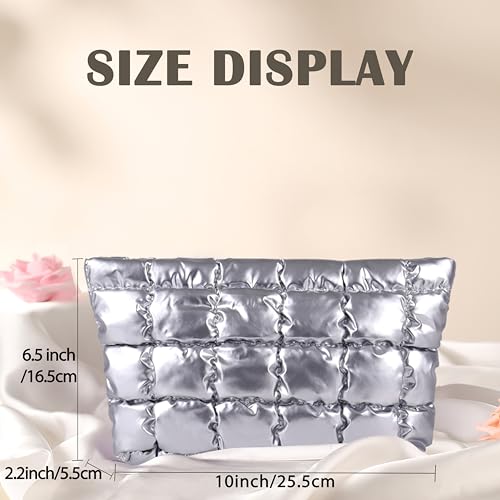Puffy Quilted Makeup Bag, Cosmetic Bag, Travel Toiletry Organizer Pouch, Clutch for Women (Silver) - color: Silver