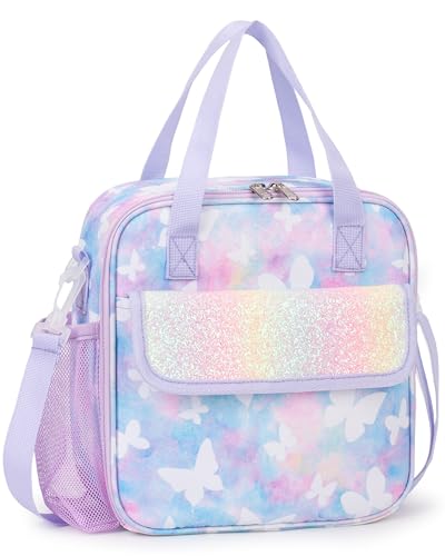 Butterfly Pattern Kids Lunch Bag with Adjustable Shoulder Strap Keeps Food Hot or Cold 5L Capacity Side Water-bottle Holder Waterproof Toddler Insulated Lunchbox for School Travel Picnic - color: Butterflies
