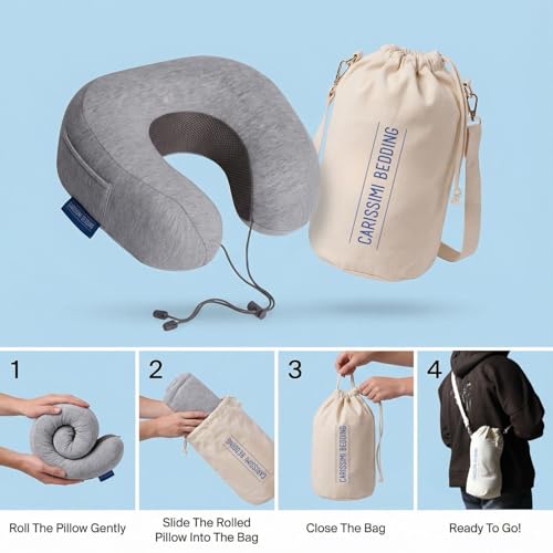 Travel Neck Pillow with Bag – Compact Memory Foam Neck Pillow for Airplane, Car and Office – Ergonomic Design for Travel Comfort and Shoulder & Neck Support