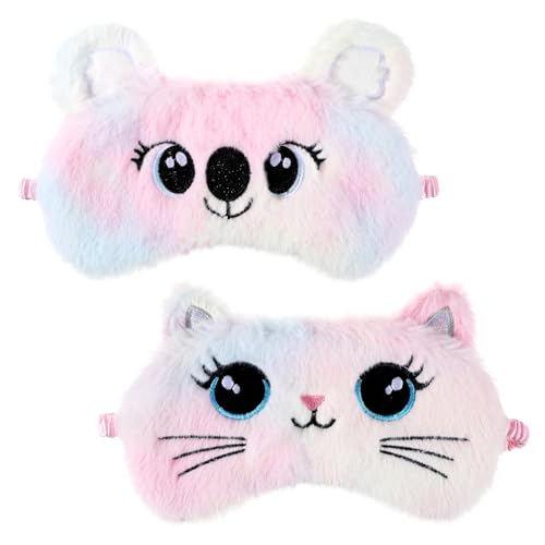 Kids Sleeping Mask, 2 Pcs Cute Plush Cat Sleep Mask for Kids Soft Comfortable Colorful Night Eye Masks Funny Animal Blindfold Eye Cover for Women Home Travel Nap (Cat, Koala) - color: White, style: Cat, Koala