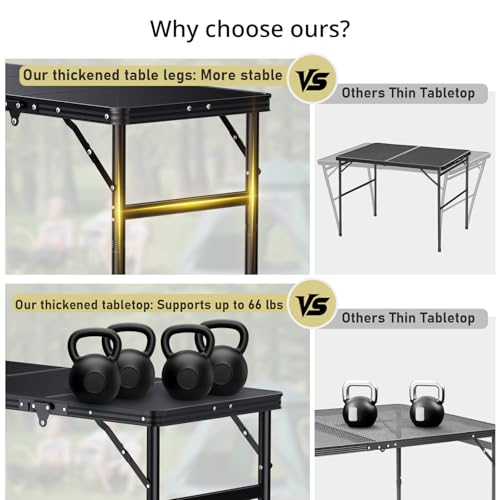 Anbte 3ft Tri-fold Camping Table Max 29.5", 3 Adjustable Heights Aluminum Folding Camping Table with Storage Bag, Lightweight, Portable Handle for Travel Outdoor Beach Picnic, 35" x 16", Black - size: 35.4“L x 16"W x 29.5H"