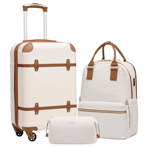 Coolife Luggage Set 3 Piece Suitcase Set Carry On Luggage Hardside Luggage TSA Lock Spinner Wheels Telescopic Handle (White, 3 piece set (BP/TB/20)) - color: White, size: 3 piece set (BP/TB/20)