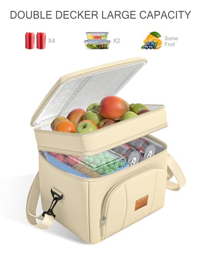 Rnivvi Lunch Box for Women, Double Decker Insulated Cooler Bag Lunch Bag Reusable Leakproof Tote Lunch Container with Strap for Work Family Picnic Camping, 18 Cans 12L, Large Adults, Apricot White - color: Apricot White