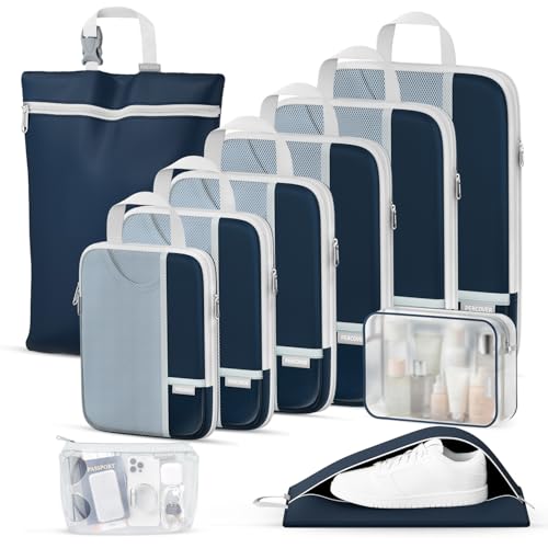 Percover Compression Packing Cubes for Travel, 10-Piece Structured Compression Organizer Set with Toiletry Bag, Laundry Bag & Shoe Bag for Carry-On & Checked Luggage, Navy Blue - color: Navy Blue, size: 10 Set