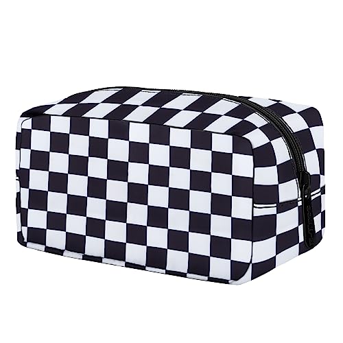 E-Tree Cute Makeup Bag,Medium Travel Make up Pouch for Purse,Zipper Toiletry Cosmetic Brush Skin Care Case for Women Man,Tech Electronic Organizer,Small Canvas Storage for Personal Items,Checkered - color: Checkered, style: 7.8" X 3.9" X 3.9"