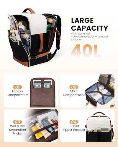 LOVEVOOK Travel Backpack for Women, TSA Carry On Backpack Flight Approved Luggage, 40L Water Resistant Personal Item Daypack Large Weekender Bag fit 17 inch Laptop with 3 Cubes, Beige-black-brown - color: Beige-black-brown, size: 40L-17.3 Inch-4Pcs