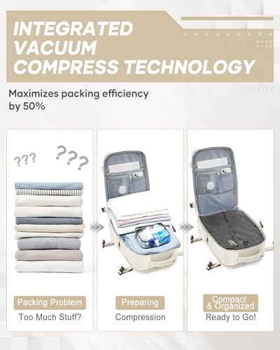 suwasp Vacuum Compression Backpack, 45L Expandable Travel Backpack with Electric Vacpack Pump, Travel Vacuum Bags with Shoe Compartment/17inch Laptop Compartment/USB Port, Beige - color: Beige, size: Medium