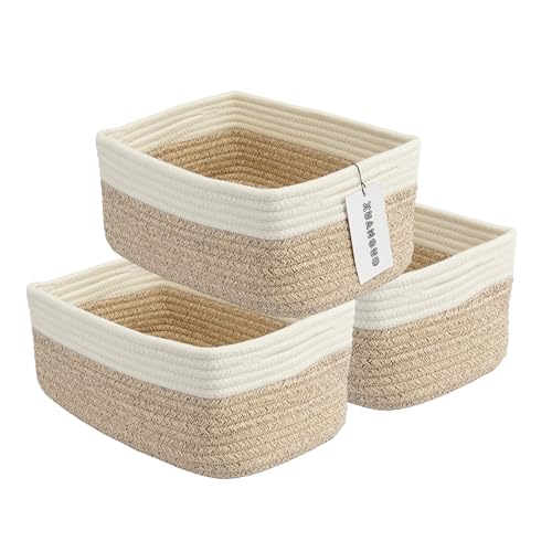 XUANGUO Small Woven Storage Baskets 12“X8”X5“ Decorative Rope Bins for Organizing Shelves, Closets, and Toys, Empty Gift Baskets, Cute Organizer Basket for Home and Office (white and brown regular) - color: white and brown, size: regular