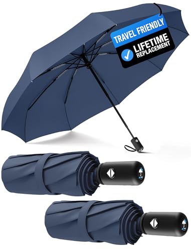 Rain-Mate Windproof Compact Umbrellas for Rain - Strong Reinforced Fiberglass Rib Design & Auto Open & Close - Portable Folding Travel Umbrella - Lightweight & Packable for Women & Men, Easy Collapse - color: K.Navy Blue (2 Pack)