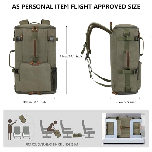 G-FAVOR Travel Backpack for Men, 40L Flight Approved Carry On Backpack, Water Resistant Canvas Rucksack with 17.3" Laptop Sleeve, Convertible Duffel Bag for Airplane, Business & Travel - color: Green