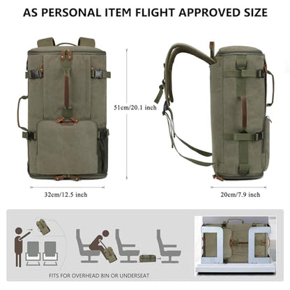 G-FAVOR Travel Backpack for Men, 40L Flight Approved Carry On Backpack, Water Resistant Canvas Rucksack with 17.3" Laptop Sleeve, Convertible Duffel Bag for Airplane, Business & Travel - color: Green