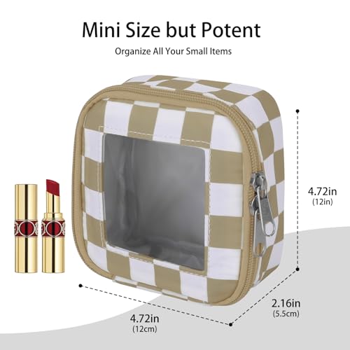 DOB SECHS Mini Checkered Bag for Purse 5.1'' x 5.1'' Small Makeup Bag for Car Cute Clear Cosmetic Bags with Zipper, Tiny Toiletry Bag Lipstick Organizer Pouch Travel Essentials Storage Pouch, Khaki - color: Khaki