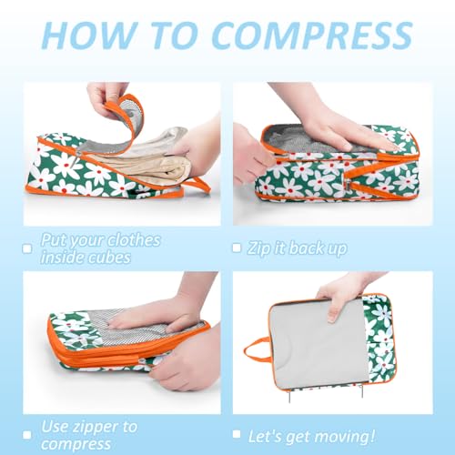 7 Piece Daisy Flower Compression Packing Cube Bundle - Slim Design Travel Organizers with Transparent Toiletry Bag - Multi-Size Luggage Organizer Essentials - color: Black-5