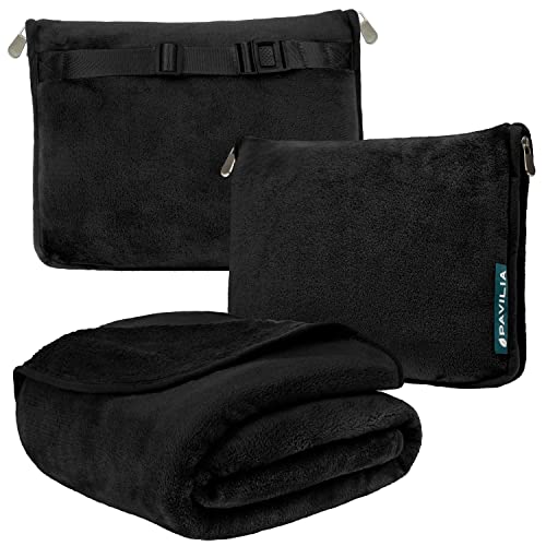 PAVILIA Travel Blanket Pillow, Soft Airplane Blanket 2-in-1 Combo Set, Plane Blanket Compact Packable, Flight Essentials Car Pillow, Travelers Gifts Accessories, Luggage Backpack Strap, 60x43 Black - color: Black