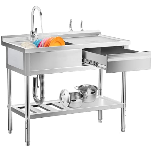 304 Stainless Steel Utility Sink – Free Standing Single Bowl with Workbench, Storage Drawer & Faucet, Hot and Cold Water Pipes for Laundry Room, Farmhouse, Outdoor Use (Right Drawer 39'' Sink) - color: Right Drawer 39'' Sink