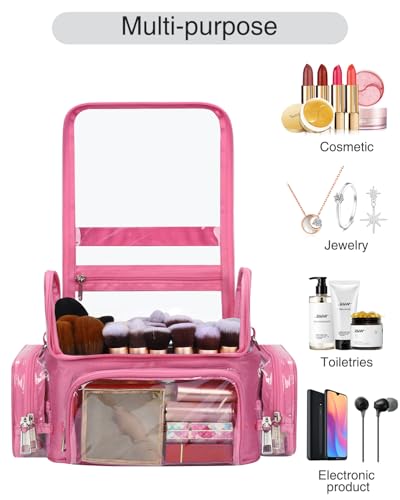 NAONAYA Pink Makeup Brush Bag, Large Makeup Brush Holder Professional Makeup Artist Travel Case Clear Waterproof Cosmetic Organizer Bag, Full Open Easy to Access, with Adjustable Strap and Dividers - color: pink, size: S