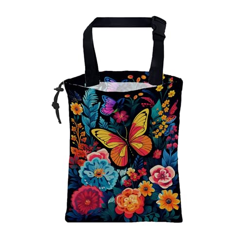 Car Garbage Bag Colorful Flowers and Butterflies Hanging Canvas Car Trash Bag Waterproof Drawstring Car Back Seat Organizer for Car Back Front Seat Console with Adjustable Buckle - color: Colorful Flowers and Butterflies