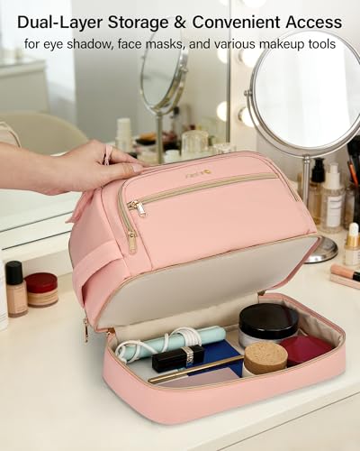 Hanke Travel Toiletry Bag, Lightweight Wide-open Makeup Bag, Dual-Layer Travel Bag for Toiletries Water-Resistant Cosmetic Bags Large Toiletry Bags for Women & Men, Travel Essentials, Pink - color: Pink