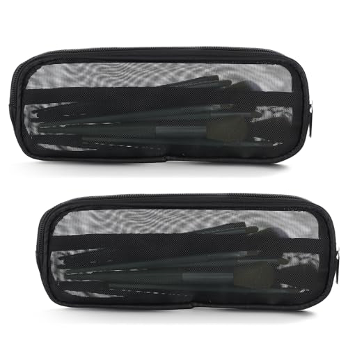 2PCS Mesh Makeup Brush Bag with Zipper, 9x3.5x0.79in Nylon Clear Travel Toiletry Bag Portable Cosmetics Organizer Travel Makeup Brush Pouch Storage Bags