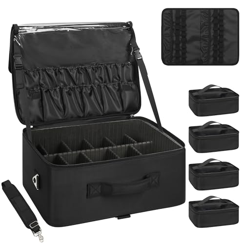 Relavel Extra Large Makeup Case Professional Cosmetic Storage Organizer Box Brush Holder with 4 Clear Set Bags & Lipstick Plate for Makeup Artists with Shoulder Strap & Adjustable Dividers - color: Black, size: Extra Large
