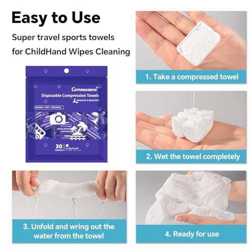 Cottonessence Premium Compressed Towels (30 count) - 30 Count (Pack of 1), 9.4" x 11.8", Portable Cotton Wipes Tablets, Individually Wrapped Coin Tissues for Travel Camping Hiking Outdoor Beauty Salon - size: 30 Count (Pack of 1)
