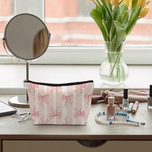 Coquette Pink Bow Makeup Bag, Coquette Gifts Supplies Cosmetic Bags for Women, Pink Preppy Striped Canvas Cheer Zipper Makeup Bag Pouches for Purse - color: Pink Bow