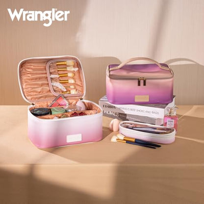 Montana West X Wrangler Travel Makeup Bag 2pcs Set Large Cosmetic Bag with Makeup Brush Holder Portable Make Up Organizer Cute Toiletry Bag with Divider and Handle for Women Gradient - color: Khaki-Tan