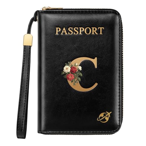 Passport Holder Cover Wallet with Zipper Personalized Initial Letter C Rose Flower RFID Blocking Travel Wallets Credit Cards Holder for Women, Gift for Wife and Girlfriend,C - color: Black, size: C