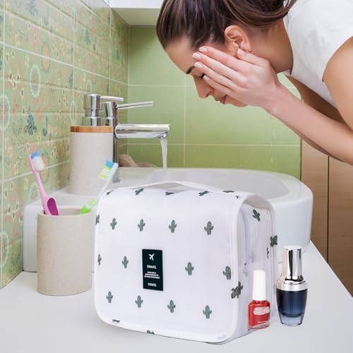 Travel Toiletry Bag for Women, Hanging Toiletry Bag with Multi-Pockets, Toiletry Bag for Traveling Easy Clean, Travel Organizer Cactus Pattern - color: White