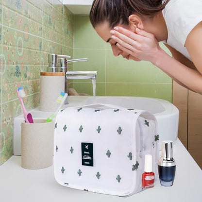Travel Toiletry Bag for Women, Hanging Toiletry Bag with Multi-Pockets, Toiletry Bag for Traveling Easy Clean, Travel Organizer Cactus Pattern - color: White