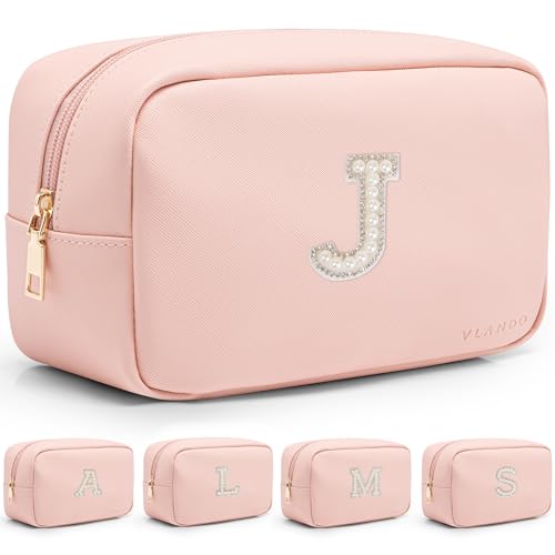 VLANDO Gifts for Girls Initial Makeup Bag Personalized Makeup Bag witt Pearl Cute Travel Toiletry Bag Preppy Makeup Pouch Birthday Gift for Teen Girls Women Daughter J - color: 03-Pink-J