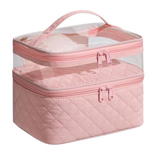 Large Quilted Makeup Bag with Brush Storage, Double Layer Toiletry Bag for Women, Cosmetic Bags for Women Girls, Travel Makeup Bag Skincare Bag with Zipper & Portable Handle - color: Quilted Pink, style: Double-layer