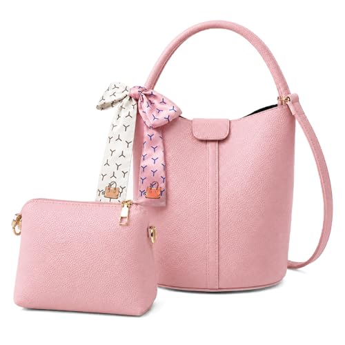 Vegan Leather Bucket Bag for Women Crossbody Bucket Purse with Removable Fashion Bucket Handbag - color: Pink
