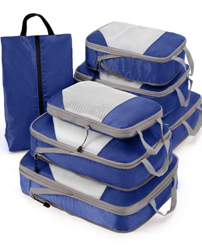 Meowoo 7 Set Compression Packing Cubes for Travel, Durable Ripstop Mesh Suitcase Organizer with Shoe Bag, Ultralight & Expandable Space Saver Travel Cubes - color: Blue