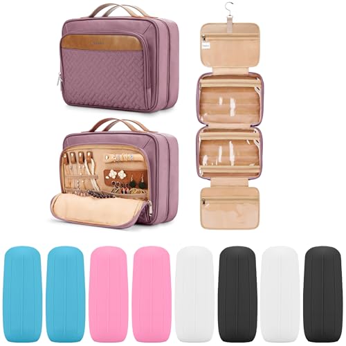 Travel Hanging Toiletry Bag for Women, Large Makeup Bag 8 Leak Proofing Silicone Bottle Covers, Waterproof Cosmetic Bag with Jewelry Organizer Compartment, Toiletries Kit Set, Purple - color: Dark Purple, size: Large*1 + Leak Proofing Bottle Covers*8