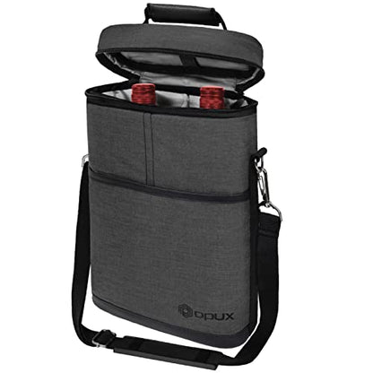 opux 2 Bottle Wine Carrier Tote, Insulated Leakproof Wine Cooler Bag, Wine Travel Bag for Picnic BYOB Beach, Portable Wine Bottle Carrying Case, Gift for Wine Lover Women Men Christmas, Charcoal Grey - color: Charcoal