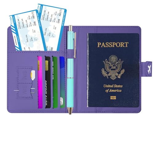 Passport Holder, Travel Wallet Cover with Pen Loop | Cute RFID Blocking Leather Case with Magnetic Closure for Travel Essentials-Purple - color: U-Purple