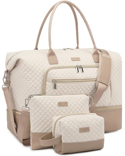 Weekender Bags for Women, Travel Duffle Bag Carry On Overnight Bag with Cosmetics Bag and Crossbody Purse for Gym Hospital, Gifts for Women, Beige Camel - color: Beige Camel-2, size: Medium