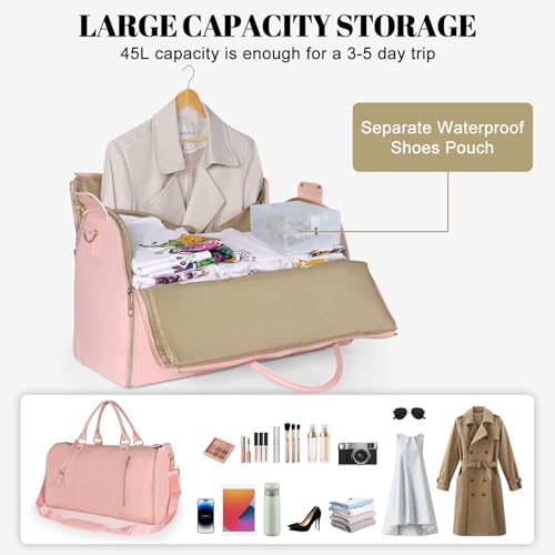 Geestock Garment Duffle Bags for Travel, Convertible Carry On Garment Bag with Shoe Pouch & Shoulder Strap, 2 in 1 Foldable PU Leather Suit Travel Bag for Women & Men, Pink - color: Pink